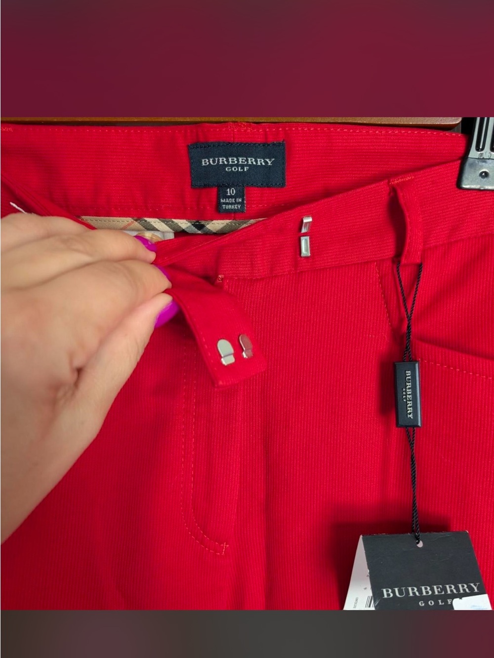 NWT Burberry Golf Red Fine Corduroy Ankle Trousers Nova Check Trim Size US 6 - Picture 4 of 8